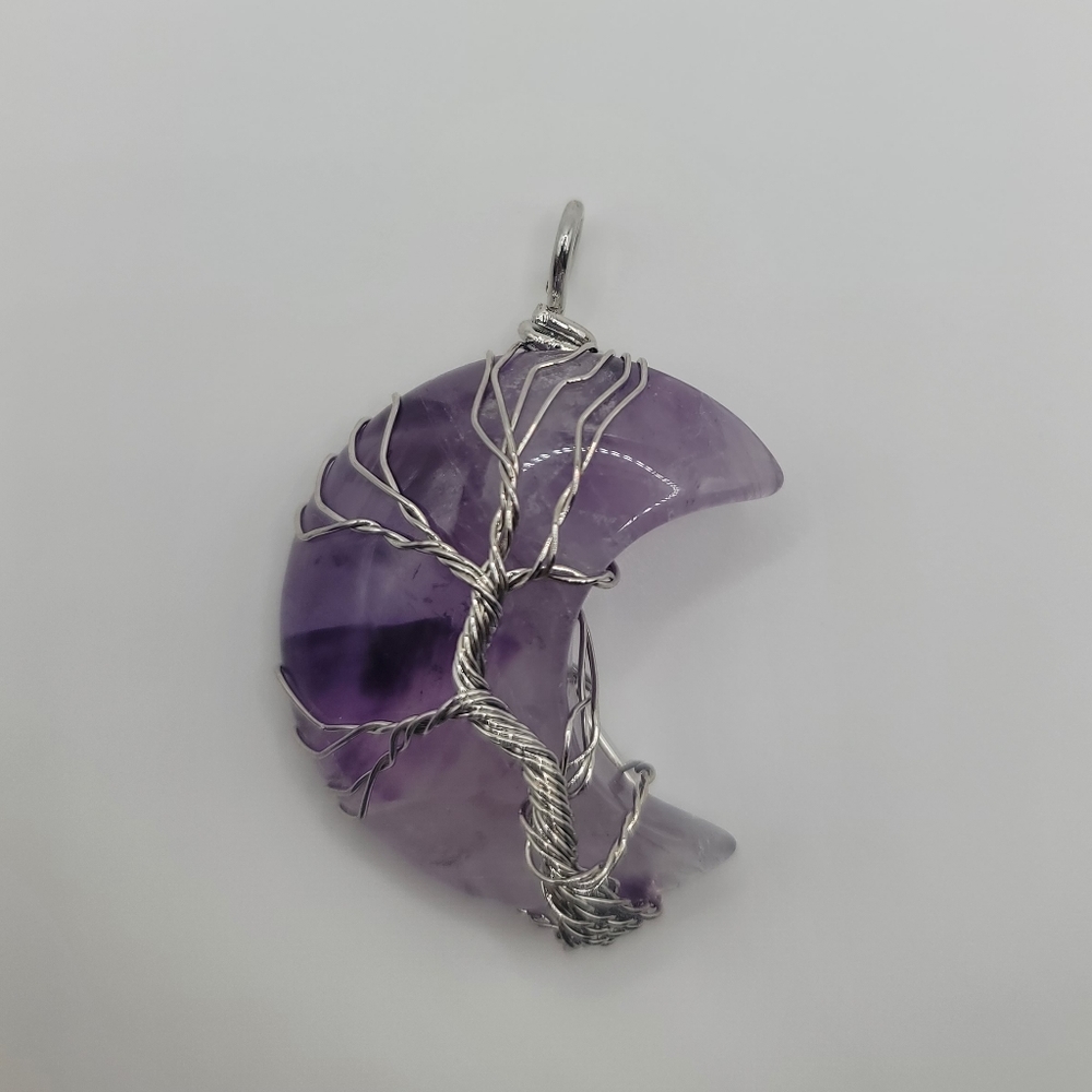 Amethyst Crystal Moon Wire Tree of Life Wrapped Necklace